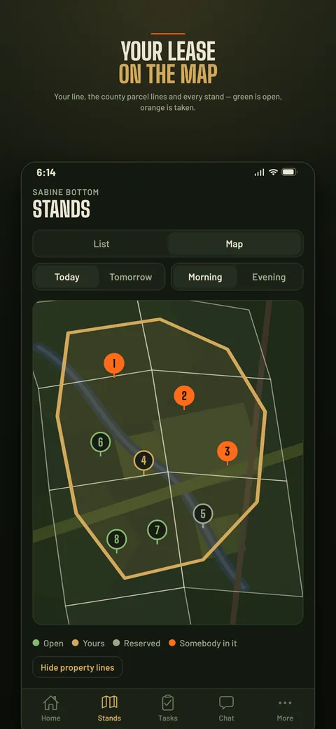 Satellite map of the lease with every stand pinned.