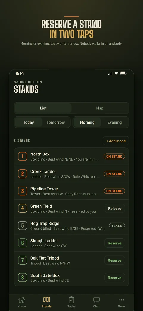 The stand list, showing which stands are open and who has them reserved.