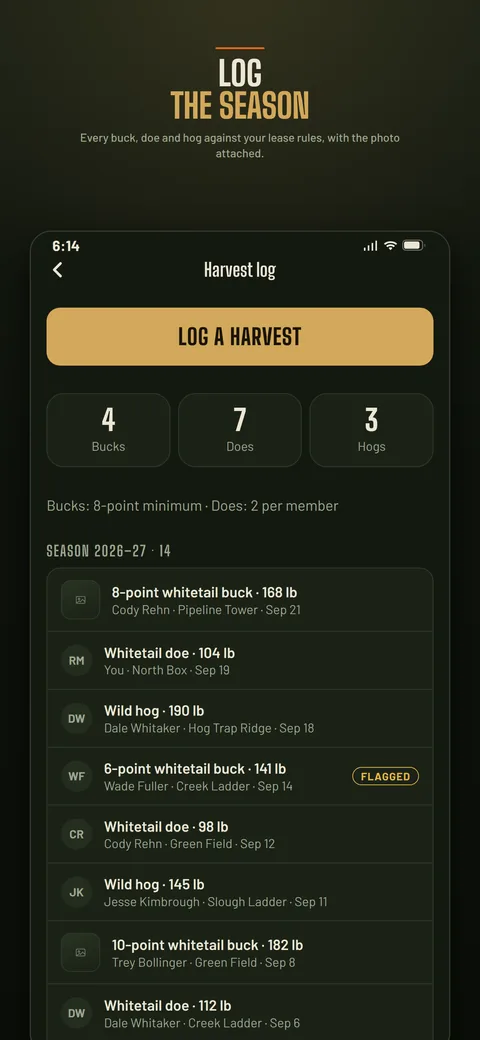 Harvest log entries with stand, weight and tag number.
