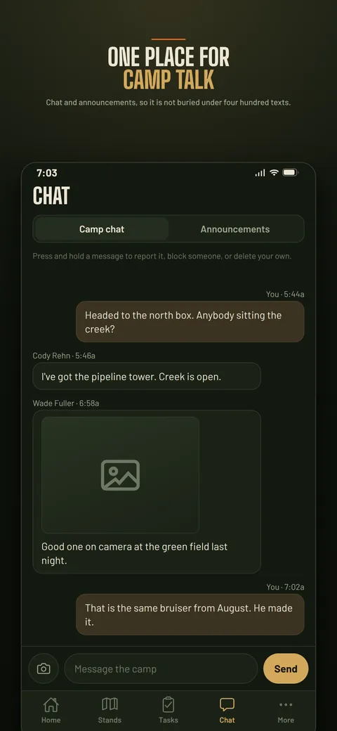 Camp chat and manager announcements.