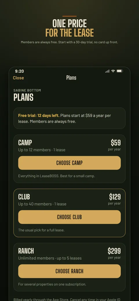Camp, Club and Ranch plans with yearly pricing.